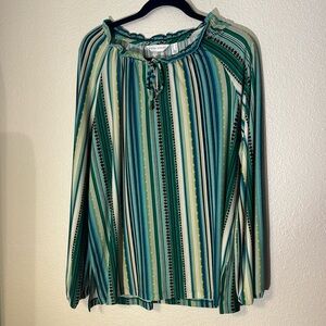 Susan Graver Size Large Striped Multicolor Long Sleeve Tie-Neck Stretch Blouse
